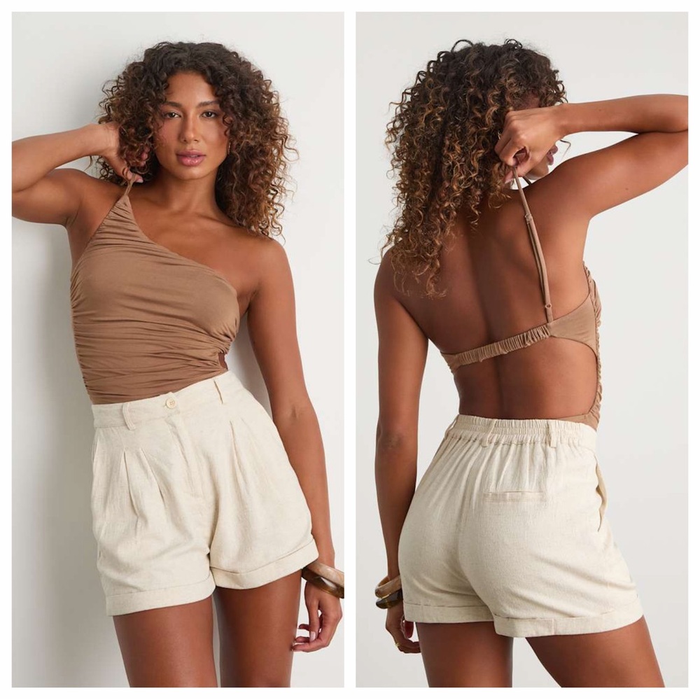 Lulus Kayton Light Brown Jersey Knit Ruched Bodysuit